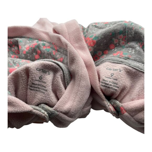 Lot Of 2 Carter’s Baby Hooded Fleece One Piece 6-9M Heart Pink Floral Pocket - Picture 6 of 16